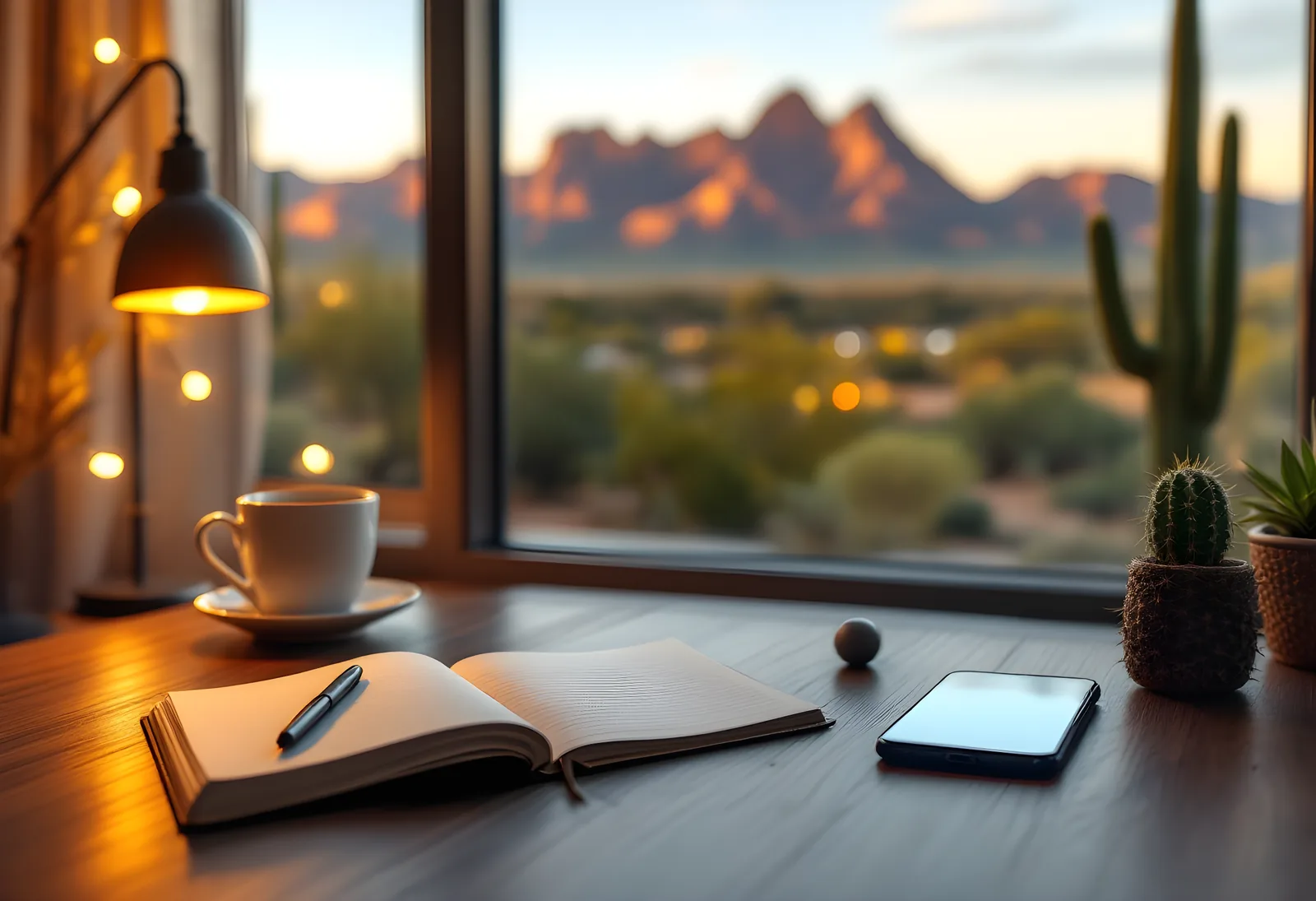 Desk with notebook, phone and coffee overlooking the Arizona desert
