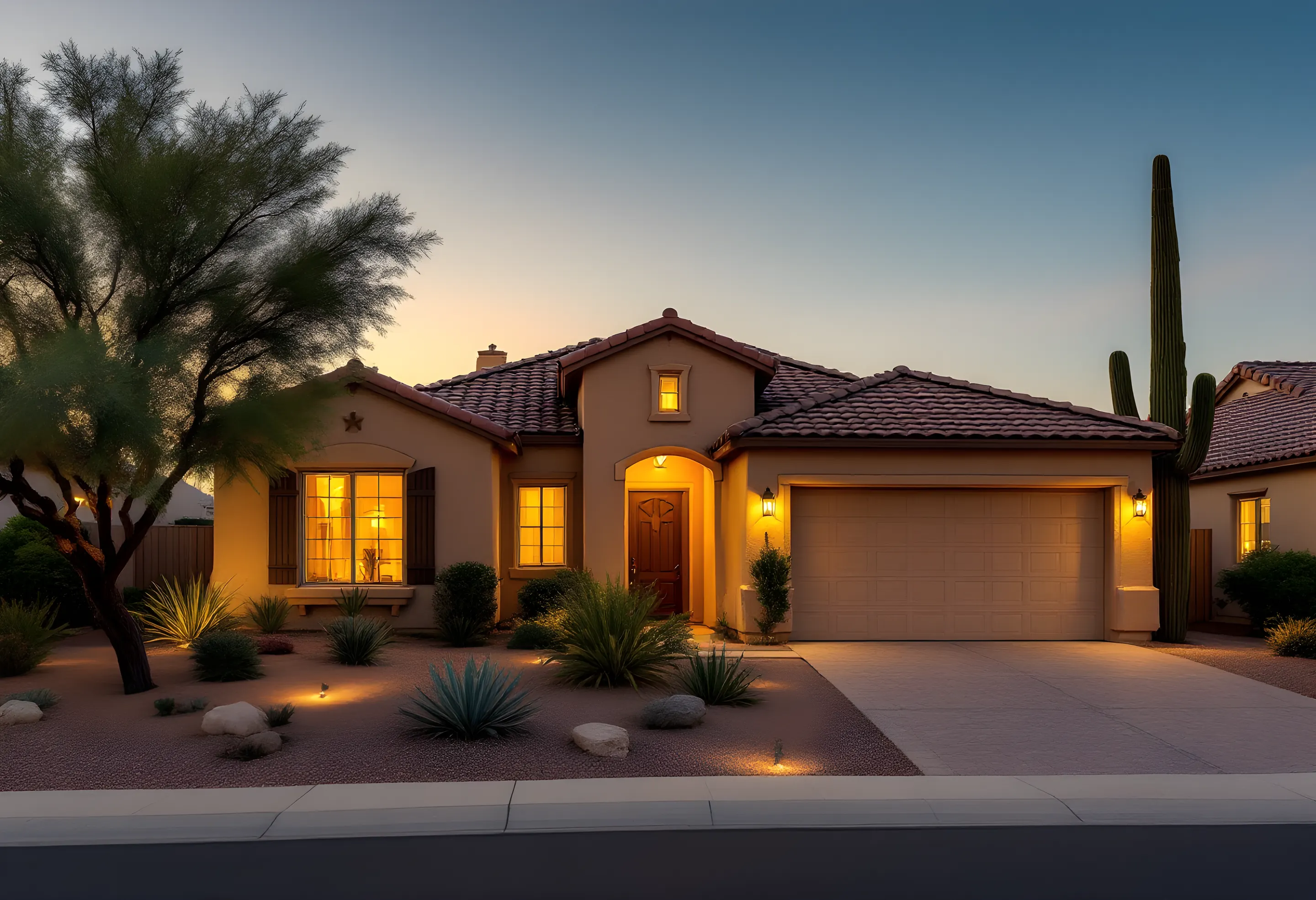 Single-story Arizona stucco home at dusk with desert landscaping
