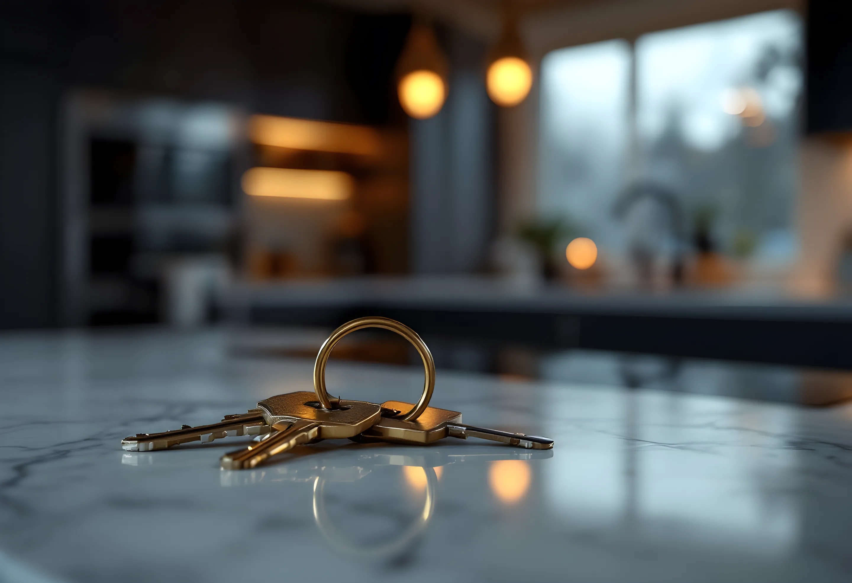 House keys on a marble kitchen island in warm light