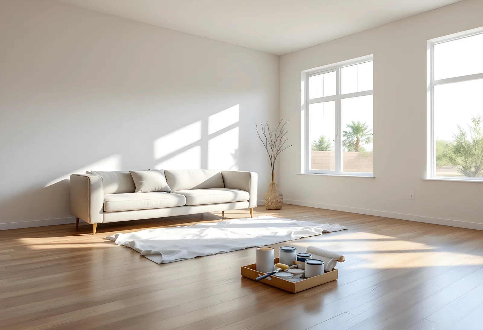 Bright living room mid-refresh with paint supplies on the floor
